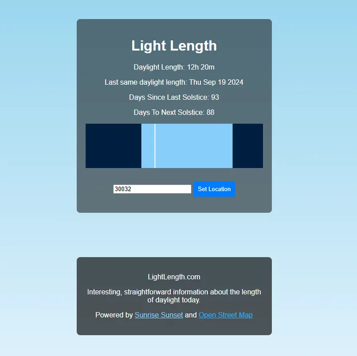 The LightLength website showing today's daylight length and days until the next solstice