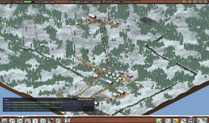 A ski resort on a snowy mountainside, with lifts and runs cut through the trees
