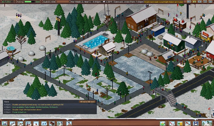 Close-up of a resort village with lodges, a skating rink, and guests walking the paths